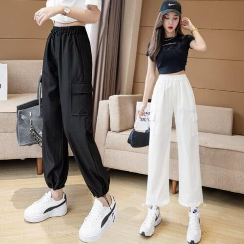 2021 New Fashion Black White Cotton Linen Ankle-Length Cargo Pants Summer Casual High Waist Trousers for Women