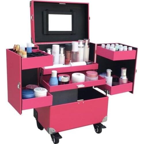 Pink Cosmetic Train Box Makeup Artist Case Locking Rolling Organizer Trolley Box Key