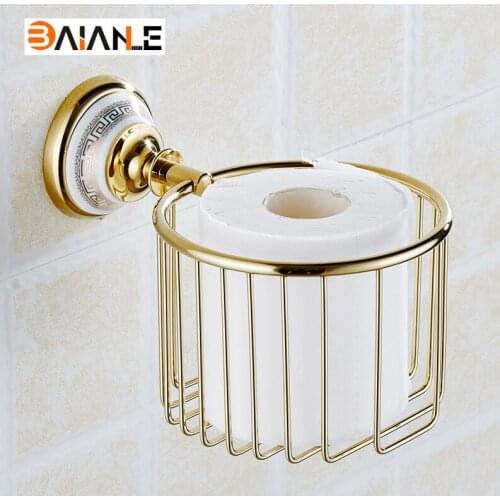 European Solid Brass Gold Paper Basket Paper Holder Vintage Polished Chrome ceramics Paper Box Wall Mount Bathroom Accessories