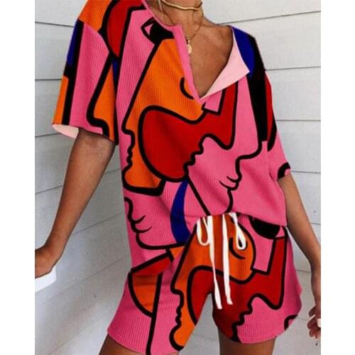 Harajuku 2-Piece Sets Abstract Face V-neck T Shirts High Waisted Shorts Tracksuits Plus Size Loose Home Wear Fashion Mom Vintage