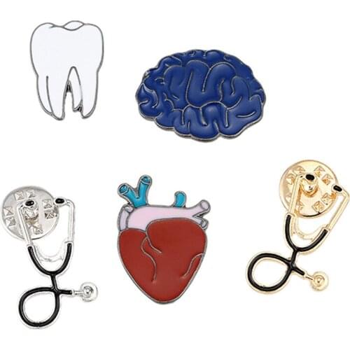 HOSENG 5Pcs/Lot Gold Color Doctor Stethoscope Cartoon Brooch White Cute Teeth Enamel Pin For Dentist HS_454