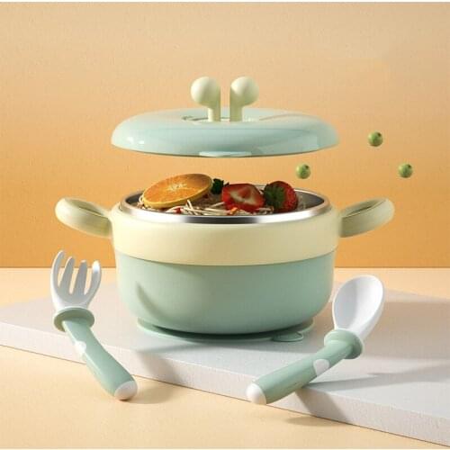 Stainless Steel Sucker Insulation Bowl With Lid Straw Handle Solid Soup Food Self Feeding for Baby Kids Children Creative Gift