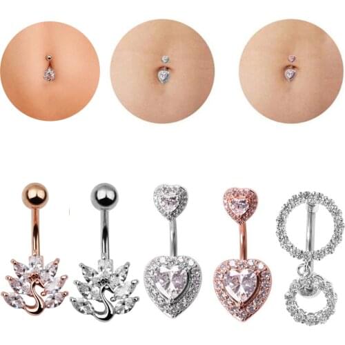 1Pc Dangle Double Heart peacock Navel Rings Set Zircon Navel Buckle Belly Navel Ring Piercing Stud Body Jewelry Women