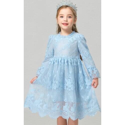Lace Mesh Girls Dress Flower Applique Dresses For Girls Princess Formal Party Dress Autumn Long Sleeves Girls Winter Dress 3-8T
