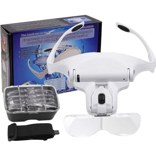 Magnifier Jewelers Magnifying Glass Holder Glasses Style With 2 LED Instrument 5 Replaceable Lenses: 1.0x 1.5x 2.0X 2.5x 3.5x
