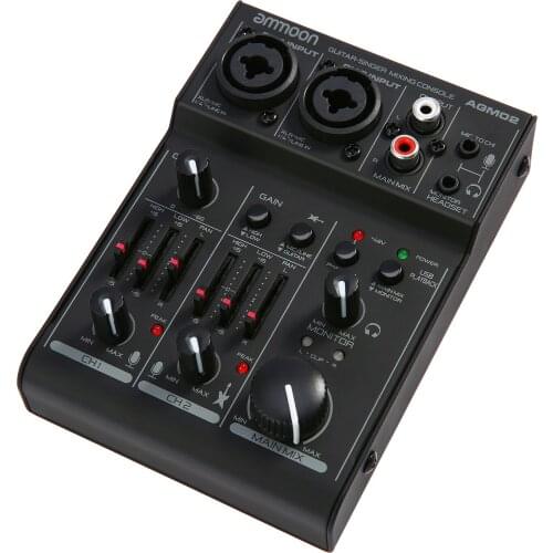 Ammoon AGM02 Mini 2-Channel Sound Card Mixing Console Digital Audio Mixer 2-band EQ Built-in 48V Phantom Power for Broadcast