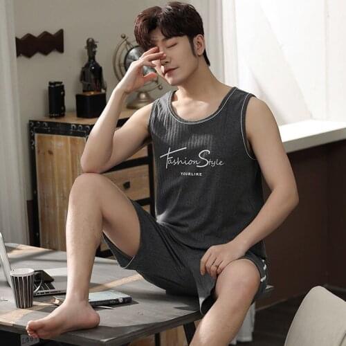 Oversize Men Letter Sleepwear Nightwear Casual Sleeveless Pajamas Set Plus Size 3XL Male Home Wear O-Neck Cotton Pijamas Pyjamas