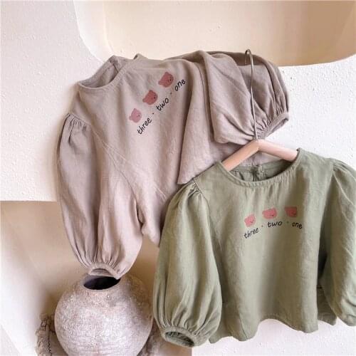 New Autumn Cartoon Printed Baby Girls Blouses Korean Style Puff Sleeve Toddlers Kids Tops Loose Children Shirts