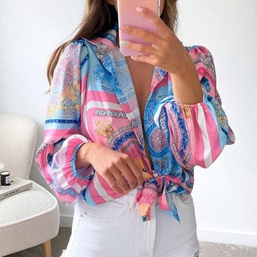 Casual Shirt Women Print Blouse Vintage Loose Shirts Long Sleeve Blouses Fashion Chic Women Top Turndown Collar Chemise SS1138