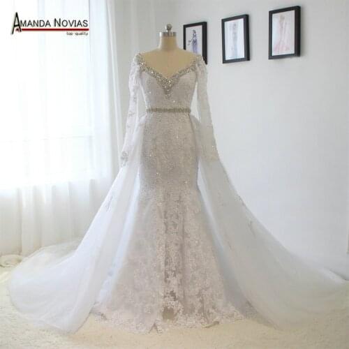 Real Photos V-Neck Long Sleeve Lace Rhinestones Crystal Wedding Dress With Removable Skirt
