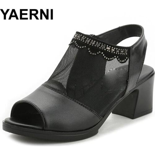 YAERNI Summer fashion Female genuine leather soft sandals mother casual comfortable shoes women open toe high heels wedding shoe