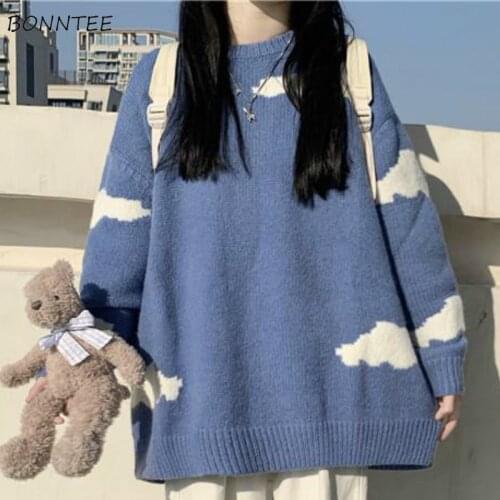 Sweaters Women Print Loose Student Lovely Casual All-match Fashion O-Neck Long Sleeve Korean Style Female Pullovers Knitted Soft