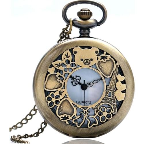 Vintage Cute Hollow Rilakkuma Paris Eiffel Tower Pattern Pocket Watch Necklace Pendant Chain Quartz Movement Reloj De Bolsillo