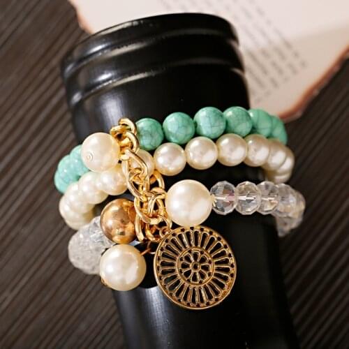 Bohemia Stone Womens Bracelets Set Charm Vintage Jewelry Gold Flower Pendant Bracelets Pour Les Femmes