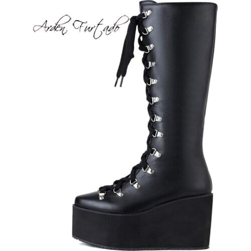 Arden Furtado 2021 Autumn Winter High Heels Round Toe Ladies Boots Fashion platform wedges Knee High Boots Womens Shoes new