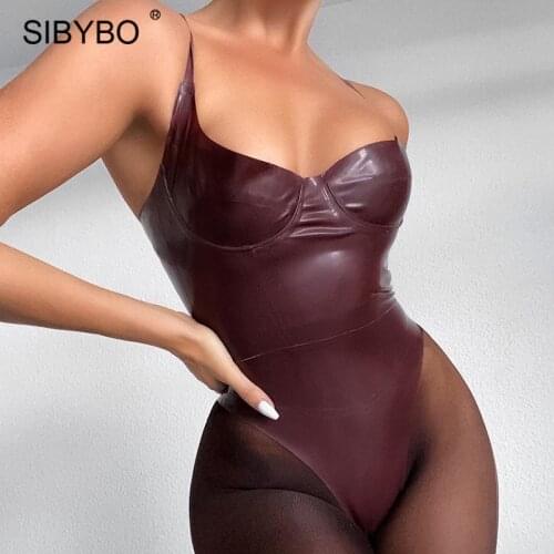 Sibybo Brown PU Leather Sexy Bodysuit Women Summer One Piece Sleeveless Zip Rompers Overalls Female Strap Underpants Body Tops