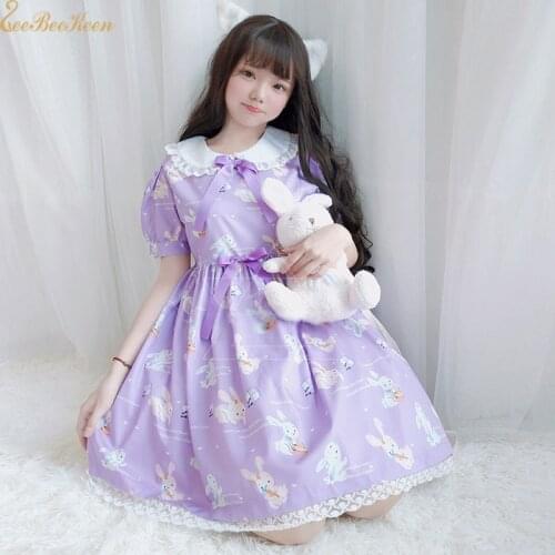 Girls Cute Rabbit Purple Lolita Sweet Lolita Dress Girl Summer Doll collar Lace Princess Dress For Women Anime Cosplay Costume
