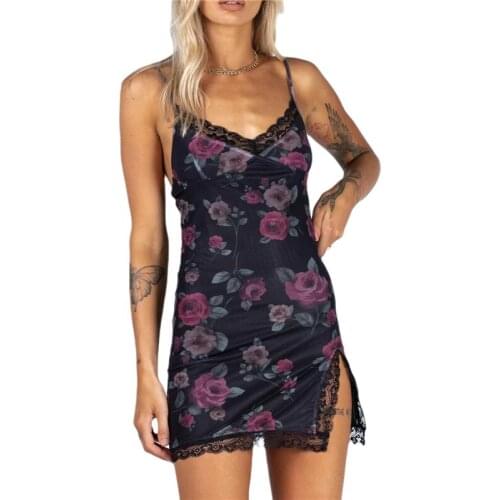 Womens Sexy Bodycon Mini Dress Cute V Neck Spaghetti Strap Sleeveless Lace Trim Split Hem Cami Dress