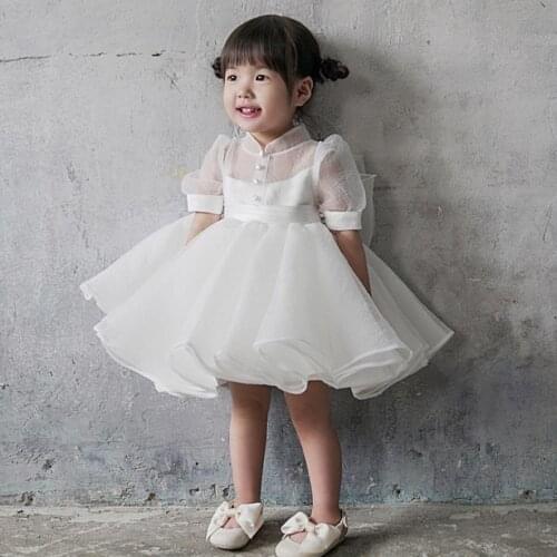 Baby Clothing Bow Mesh Stitching High Waist Short Sleeve Princess Ball Gown Toddler Birthday Party Dress For Girls L887