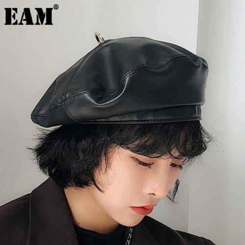 [EAM] 2021 Spring Summer Woman Fashionable Temperament Solid Color PU Round Ring Five Colors Dome Beret Al-match LD0379