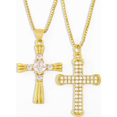 FLOLA CZ Pave Cross Necklace For Women With Stone Cubic Zirconia Clavicle Chain Necklace Pendant Protection Jewelry Gifts nker72