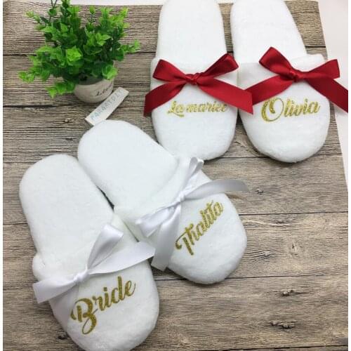 Personalized Wedding Slippers With Lace Bride Slippers Bridesmaid Gifts Custom Print Shoes Bachelorette Party Favors