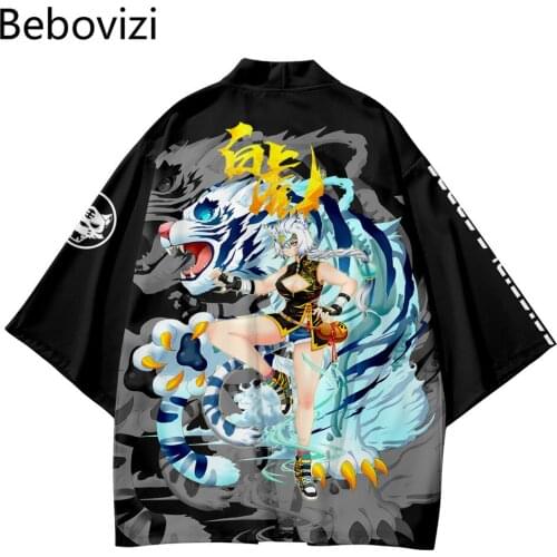 Harajuku Men Women Cardigan Haori Obi Asian Clothes Pant Suit Tiger Cartoon Japanese Style Sets Fashion Anime Kimono Plus Size