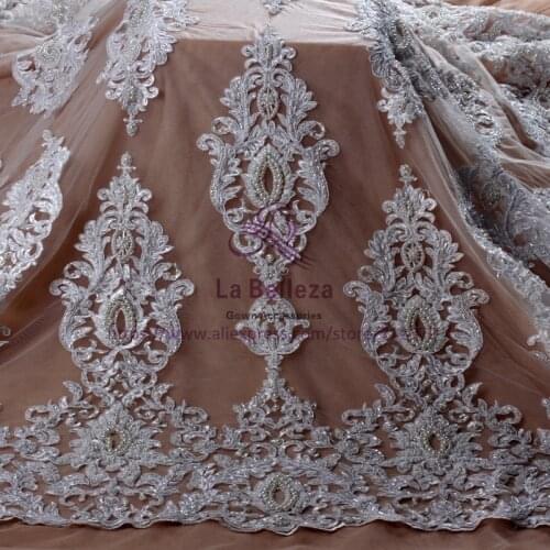 La Belleza New Bride fashion off white pure white super heavy pearls beading wedding dress lace fabric