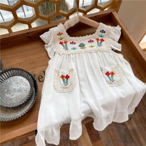 Girls Summer Dress Cute Flower Embroidery Flying Sleeve Princess Dresses 3-7Y Children Beige Casual Clothes Baby Girl Costume