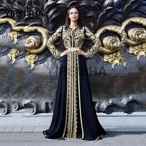 Moroccan Caftan Evening Dress 2021 Gold Appliques Special Occasion Dress Arabic Muslim Long Prom Party Gowns