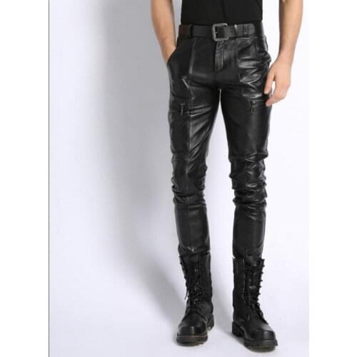 M-4xl Mens Leather Pants Sheepskin Motorcycle Locomotive Trousers Korean Self-cultivation Warm Sheep Skin Leather Full Length