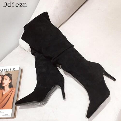 Sexy Party Boots Fashion Suede Leather Shoes Women Pumps Knee-High Heels Boots Stretch Flock 2021 NEW Winter Pointed Toe Boot