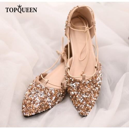 TOPQUEEN A11-S Golden Wedding Shoes Strappy Sparkling Sequined Comfortable Flat Fashion Versatile flat silver shoes for wedding