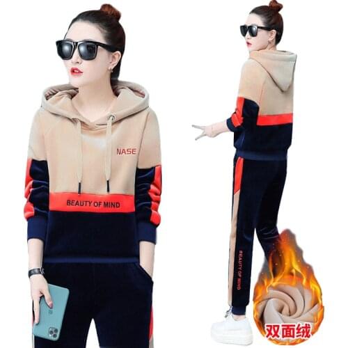 Trending Products 2020 Women office clothing Sporting suit female 2 piece set Add wool winter Womens Tracksuit Gold velvet 1579