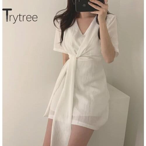 Trytree 2020 Summer Dress Casual V-neck A-line Solid 2 Color Bandage Vintage Temperament Dress Fashion Elegant Mini Dress