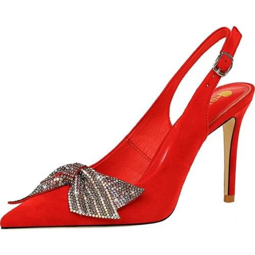BIGTREE Woman Shoes New Sexy Banquet High Heels Suede Shallow Mouth Pointed Toe Strap Hollow Rhinestone Bow Wedding Shoes