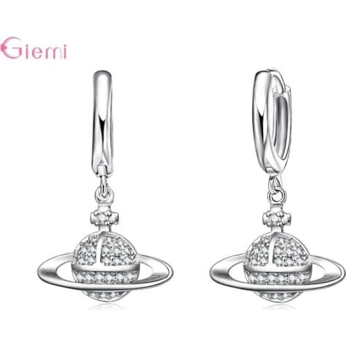 Cool Statement S925 Sterling Silver AAA Cubic Zircon Universe Earth Hoop Earrings Pendientes Luxury Shiny Rhinestone Ear Brincos