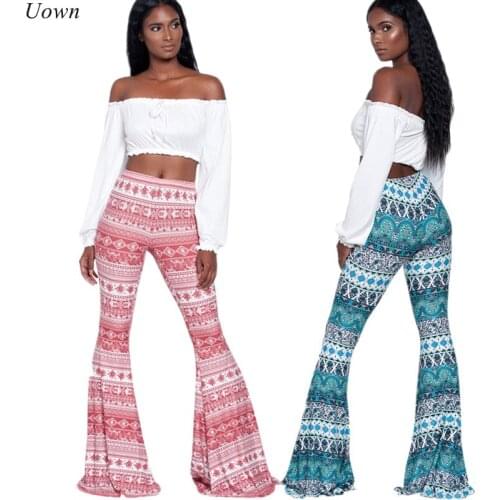 2017 Ladies Boho Trousers Fitness Clothing Womens Long Pants Casual Pattern Print Wide leg Bell Bottom Legging Soft Flare Pants