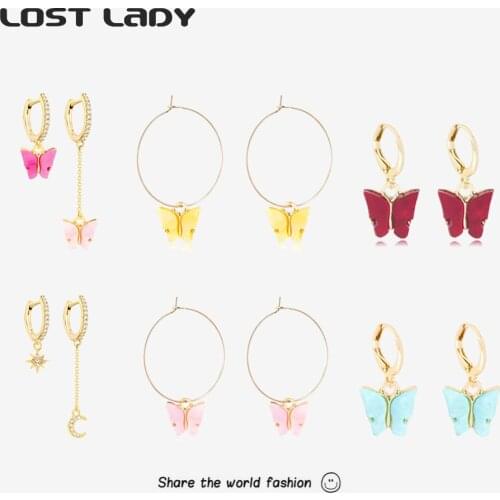 Lost Lady Fashion Multicolor Moon Star Butterfly Drop Earrings For Women Crystal Pendant Earrings Wholesale Jewelry Party Gifts