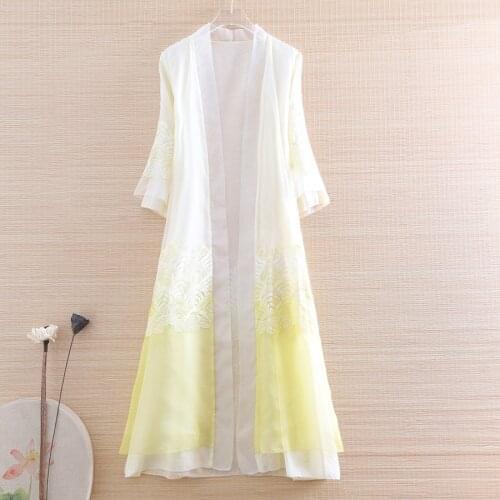 Women Trench Coat Embroidery Silk Organza Overcoat Fashion Thin Light Elegant Lady Gradient Windbreaker Outwear Female M-XXL