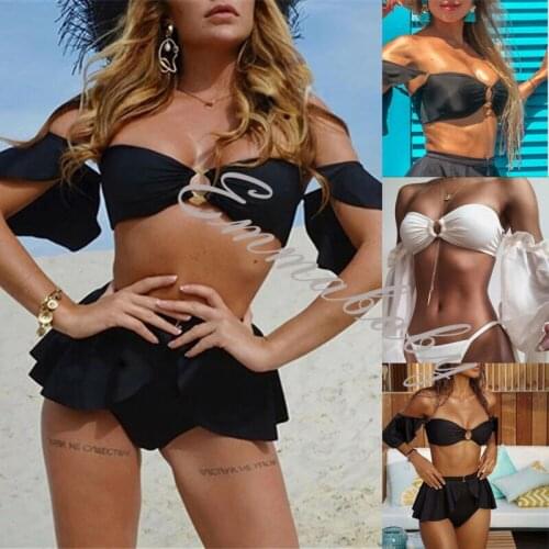 Womens Padded Push-up Bra Bikini Set Swimsuit Swimwear Beachwear Swimming Fashion Sexy High Waist Puff-Sleeve Two-Pieces Suit