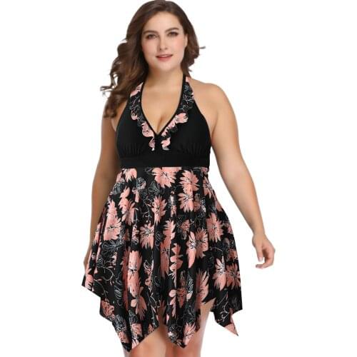 2021 Womens Big-Size Swimsuit One-Piece Skirt Printing Adds Fat Hot - Selling Swiwear V Neck Blue Flower SW164