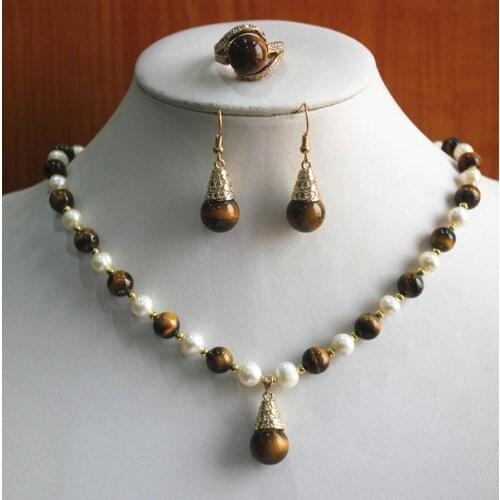 Free Shipping birthday gift! jewelry set!Wholesale noble Womens white pearl mixed tiger eye jade Necklace earring ring(7/8/9)