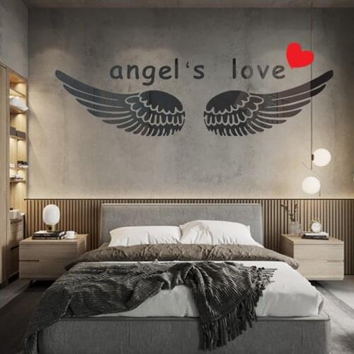 Large Size 3d Black Spread Wings Angel Love Shape Acrylic Mirror Wall Stickers Living Room Bedroom Creative Home Decoration