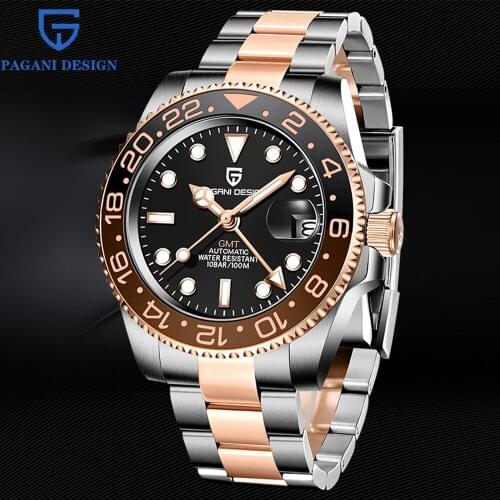 PAGANI DESIGN New Rose Gold Ceramic Bezel GMT Automatic Watch Luxury Sapphire Glass Mechanical Watch Stainless Steel Mens Watch