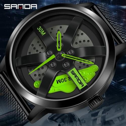 SANDA Men Rim Hub Watch Custom Design Sports Car Watch Stainless Mesh Racing Wheel Rim Hub Quartz Watch Man WaterproofRelogio