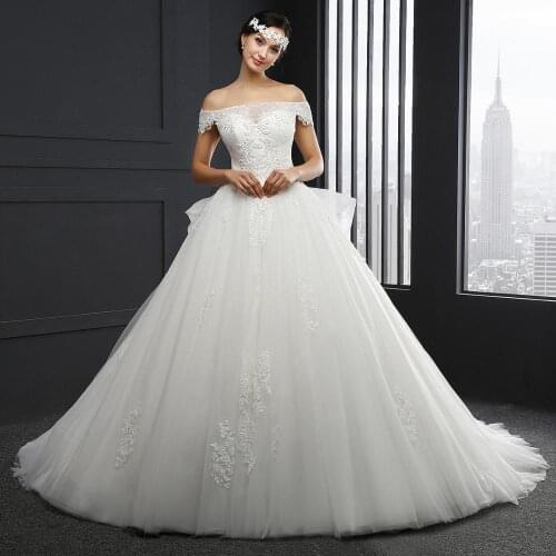 SL037 cheap boat neck bridal gowns wedding dress short sleeve lace appliques tulle beaded civil wedding party dresses for women