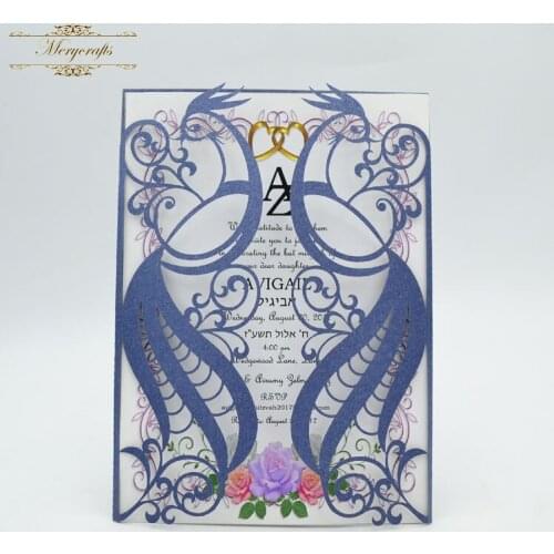 Laser cut gate folding elegant peacock wedding invitation cards with blank inside card and wedding envelopes