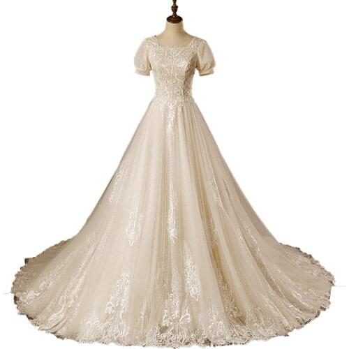 SL-5068 Embroidery Lace Crystal Bridal Dress A-line Short Sleeves Wedding Dress 2020