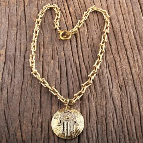 MD Fashion Bohemian Jewelry Links Chain Big Micro Zircon Pave Hamsa Hand Pendant Necklaces Women Boho Necklace Gift